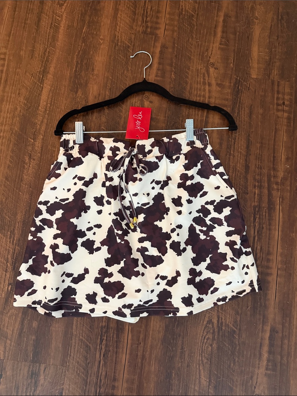 Jess Lea Drawstring Mini Skorts in White and Dark Brown Cow Print